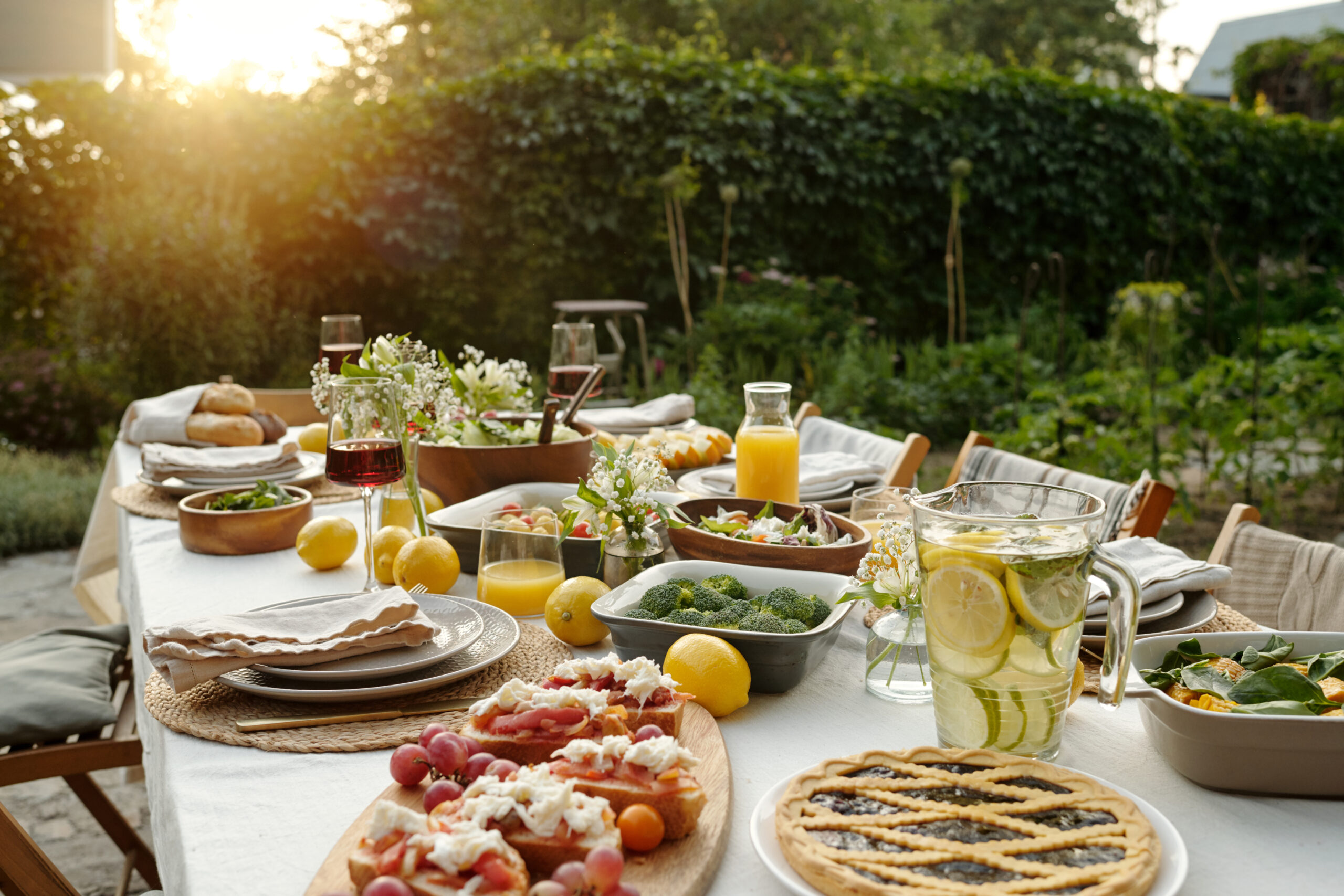 Part of large dinner table served with various appetizing homemade food
